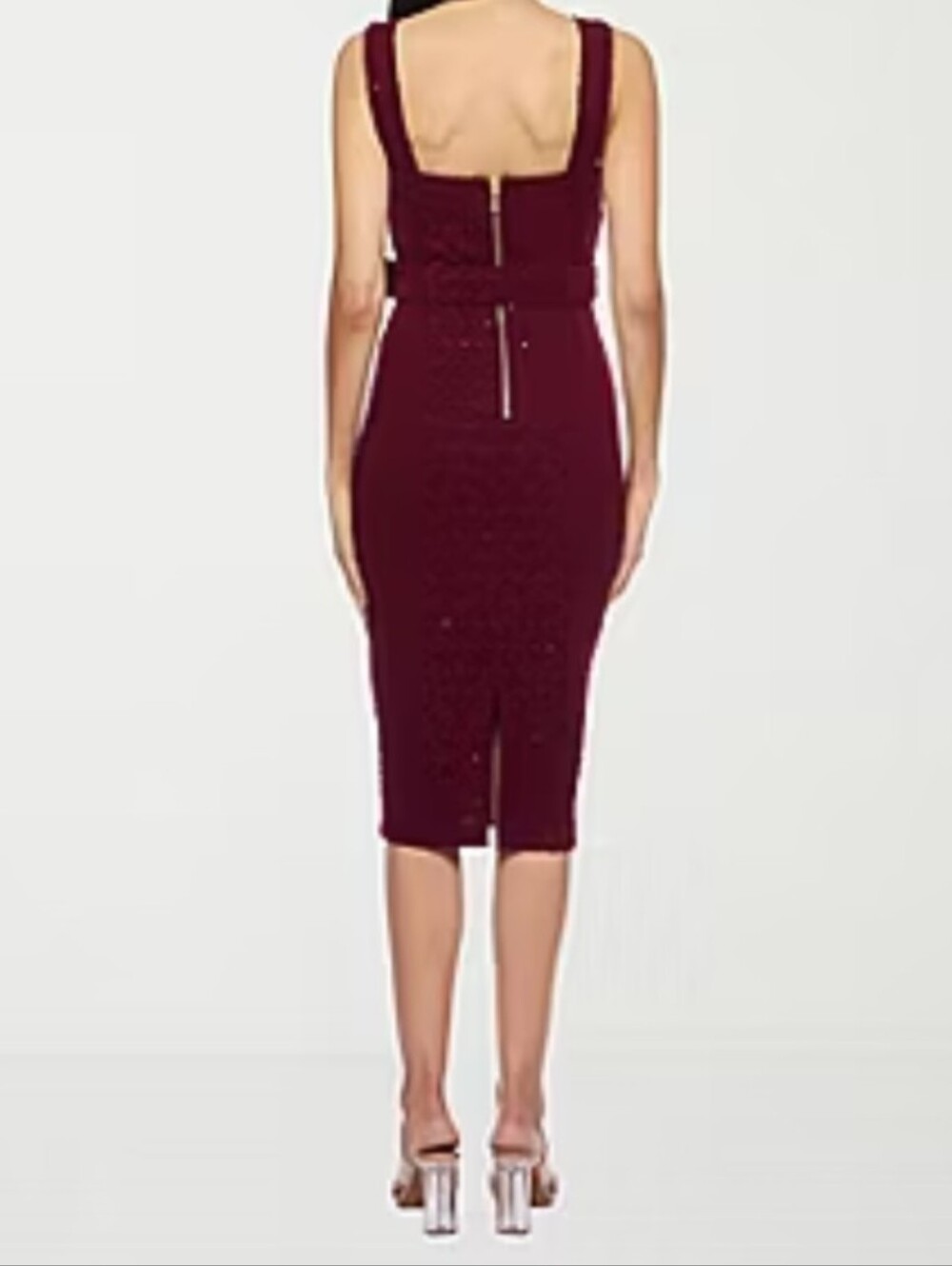 Premier Amour Square Neck Sleeveless Belted Sequin Sheath Burgundy Midi Dress 16 - Picture 2 of 13